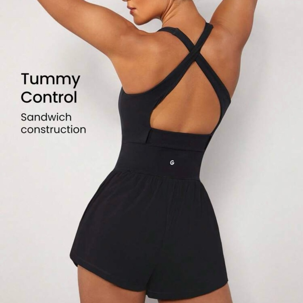 Women’s Black Cross-Back Romper with Tummy Control
